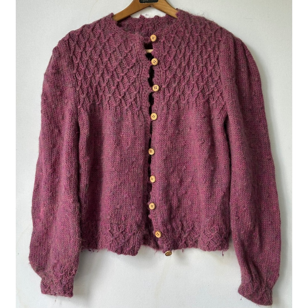 Cottagecore Cardigan Soft Wool Wooden Buttons Forest Womens M Pink Purple